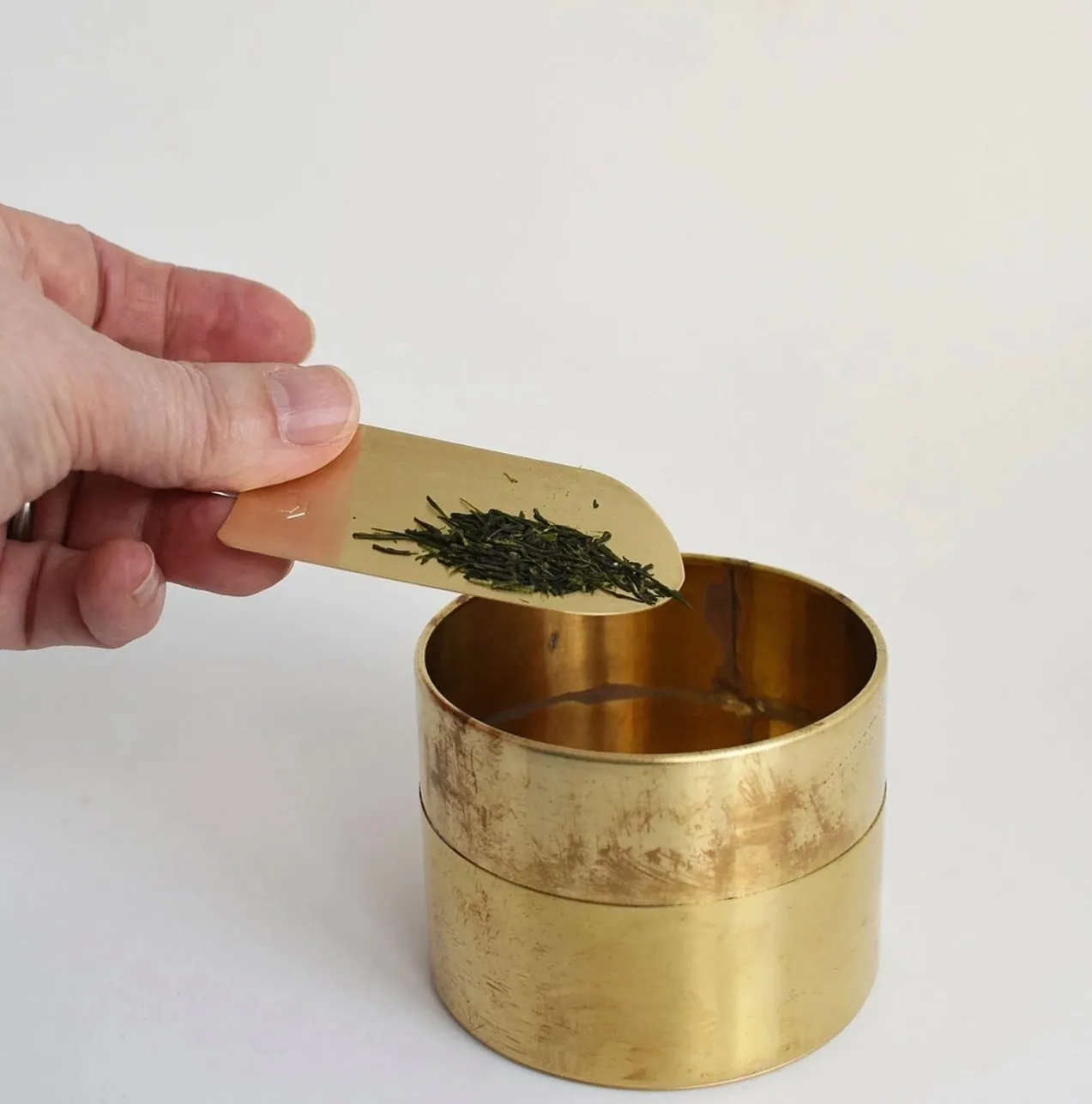 茶筒から茶葉をすくう手元